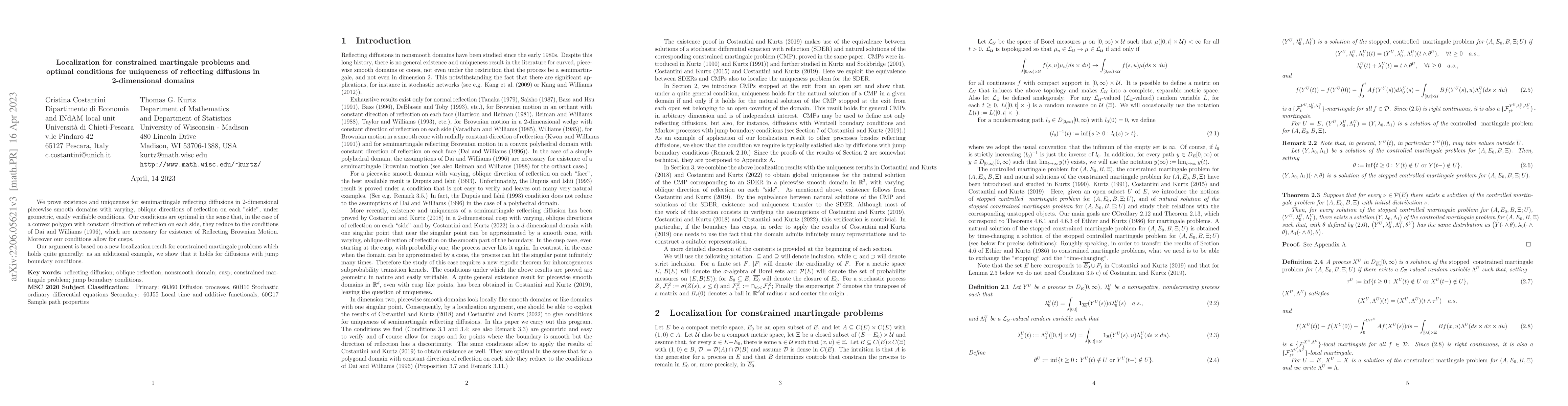 Thumbnail for Localization for constrained martingale problems and optimal conditions
  for uniqueness of reflecting diffusions in 2-dimensional domains