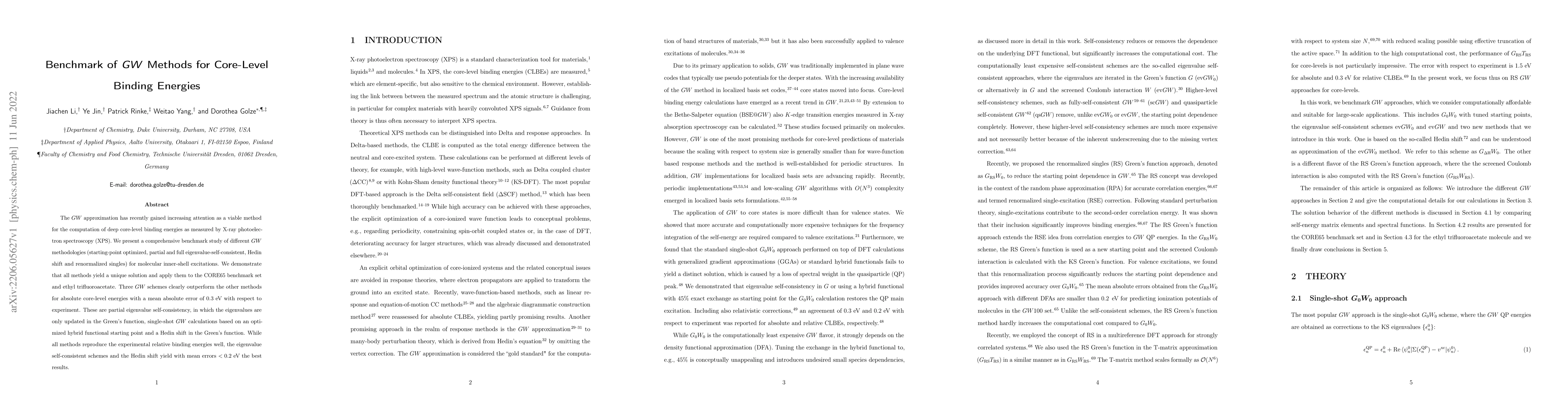 Thumbnail for Benchmark of $\boldsymbol{GW}$ Methods for Core-Level Binding Energies