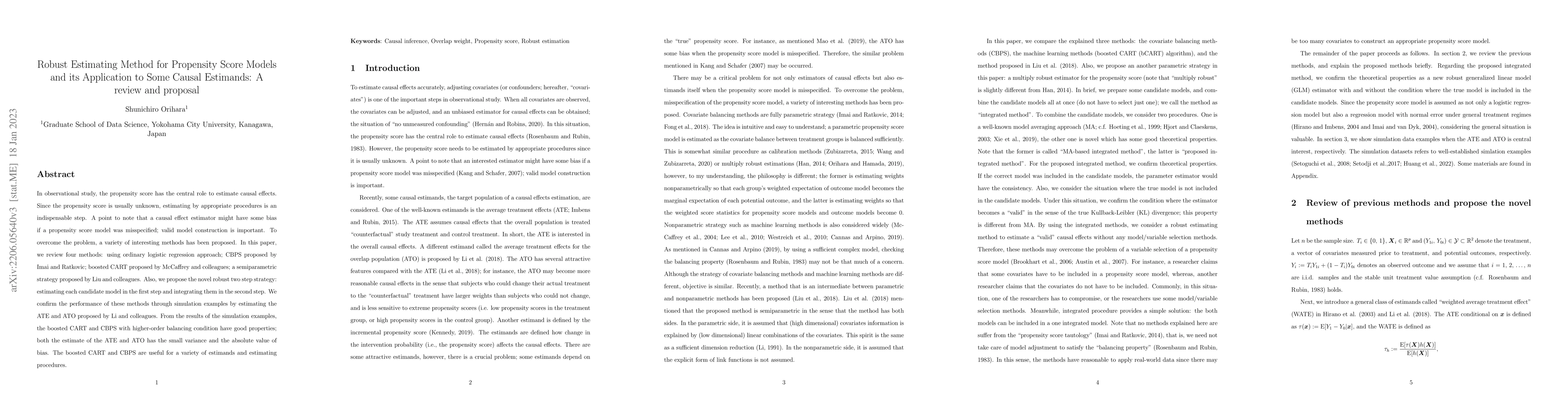 Thumbnail for Robust Estimating Method for Propensity Score Models and its Application
  to Some Causal Estimands: A review and proposal