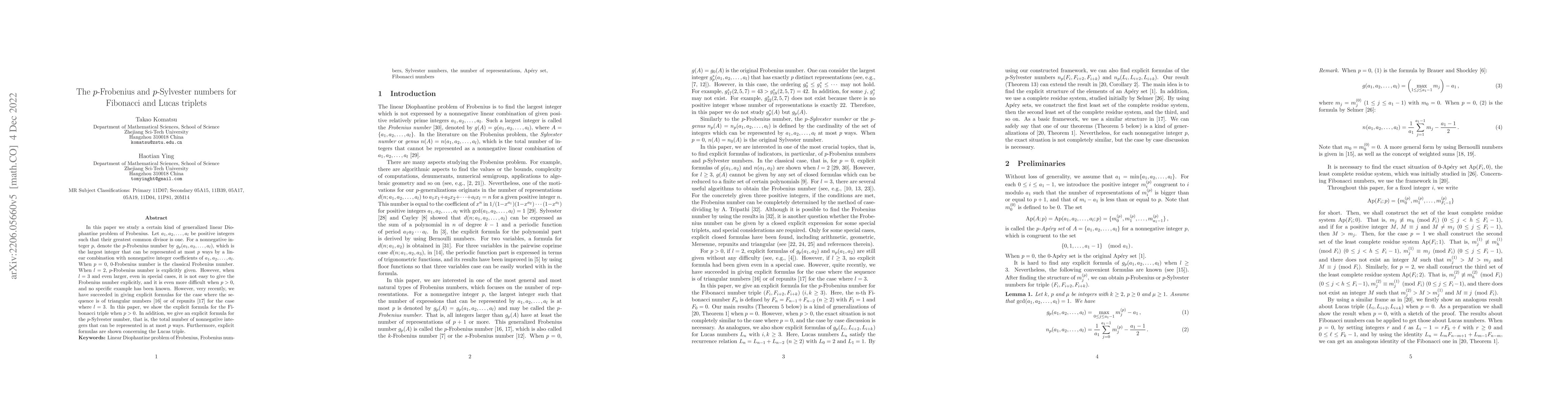 Thumbnail for The $p$-Frobenius and $p$-Sylvester numbers for Fibonacci and Lucas
  triplets