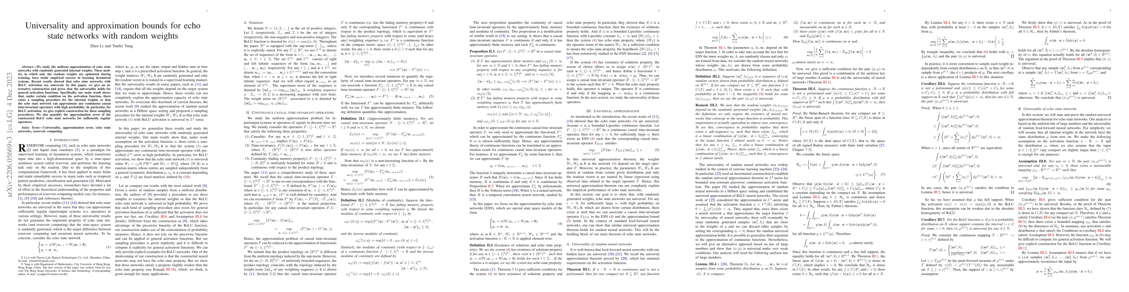 Thumbnail for Universality and approximation bounds for echo state networks with
  random weights