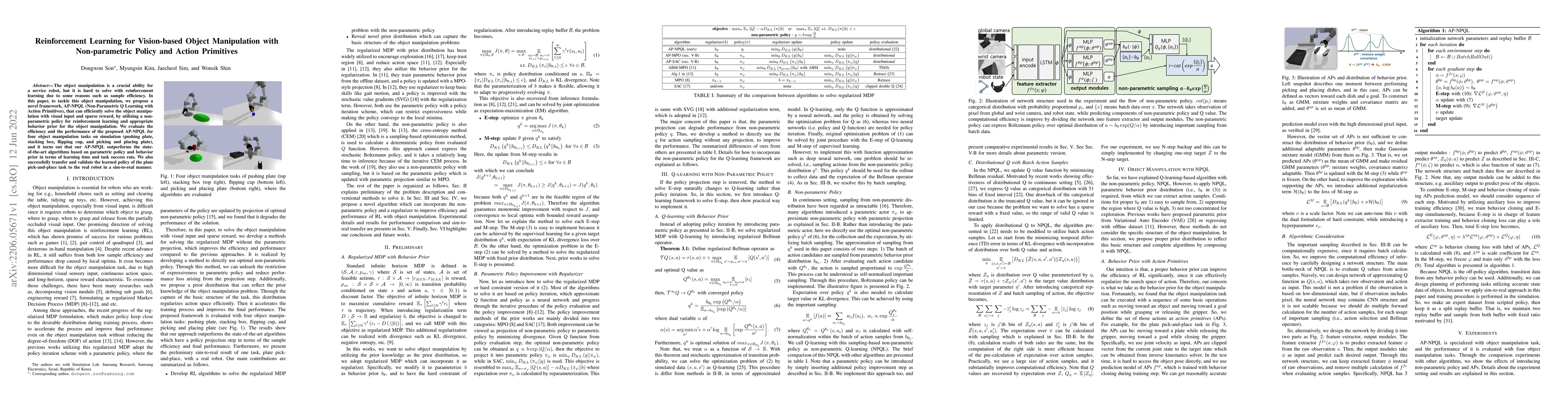 Thumbnail for Reinforcement Learning for Vision-based Object Manipulation with
  Non-parametric Policy and Action Primitives