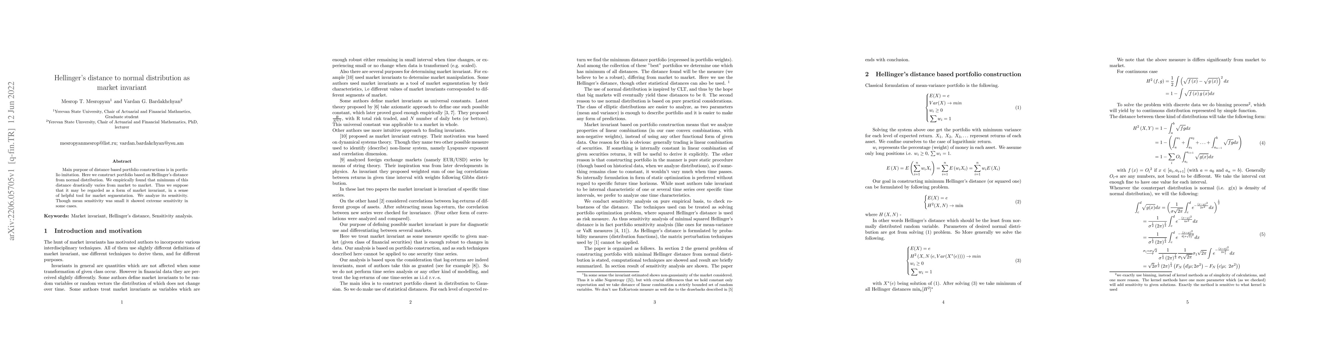 Thumbnail for Hellinger distance to normal distribution as market invariant