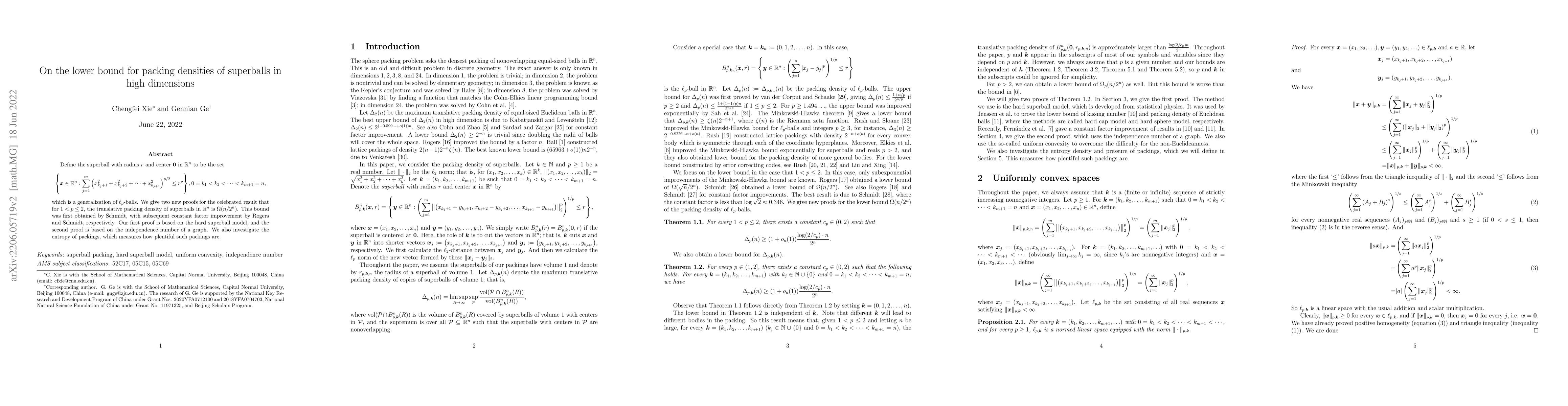 Thumbnail for On the lower bound for packing densities of superballs in high
  dimensions