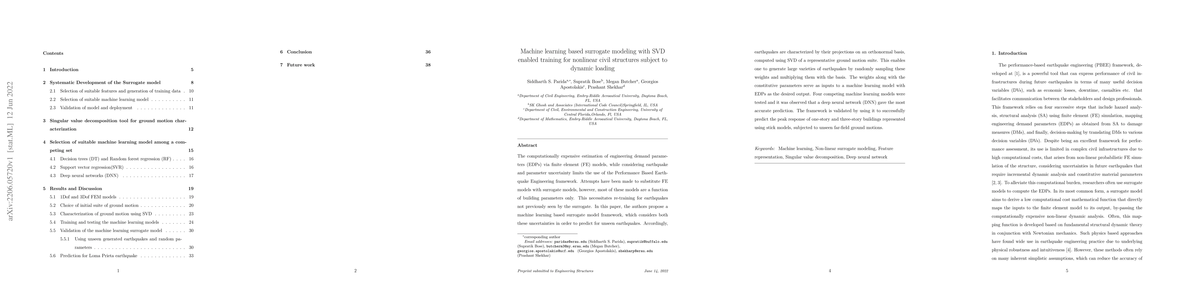 Thumbnail for Machine learning based surrogate modeling with SVD enabled training for
  nonlinear civil structures subject to dynamic loading