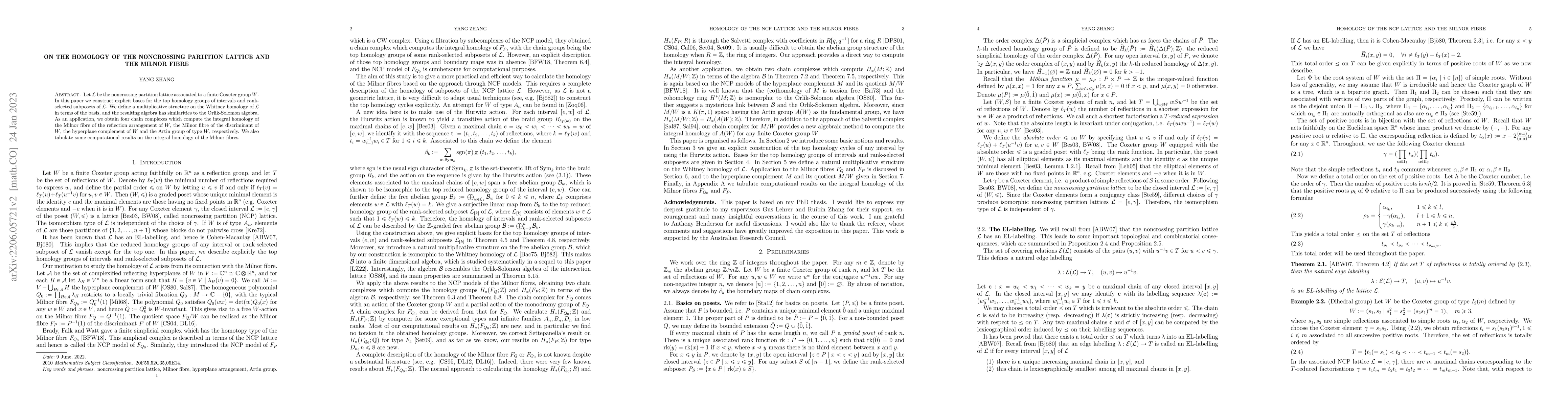 Thumbnail for On the homology of the noncrossing partition lattice and the Milnor
  fibre