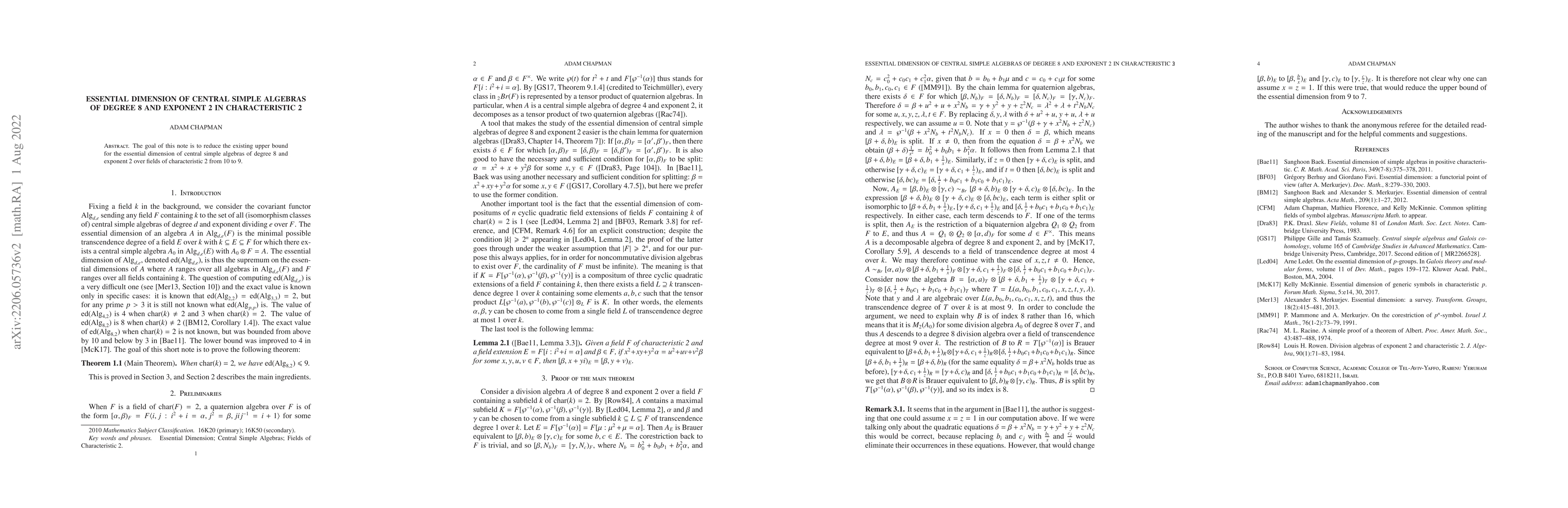 Thumbnail for Essential Dimension of Central Simple Algebras of Degree 8 and Exponent
  2 in Characteristic 2