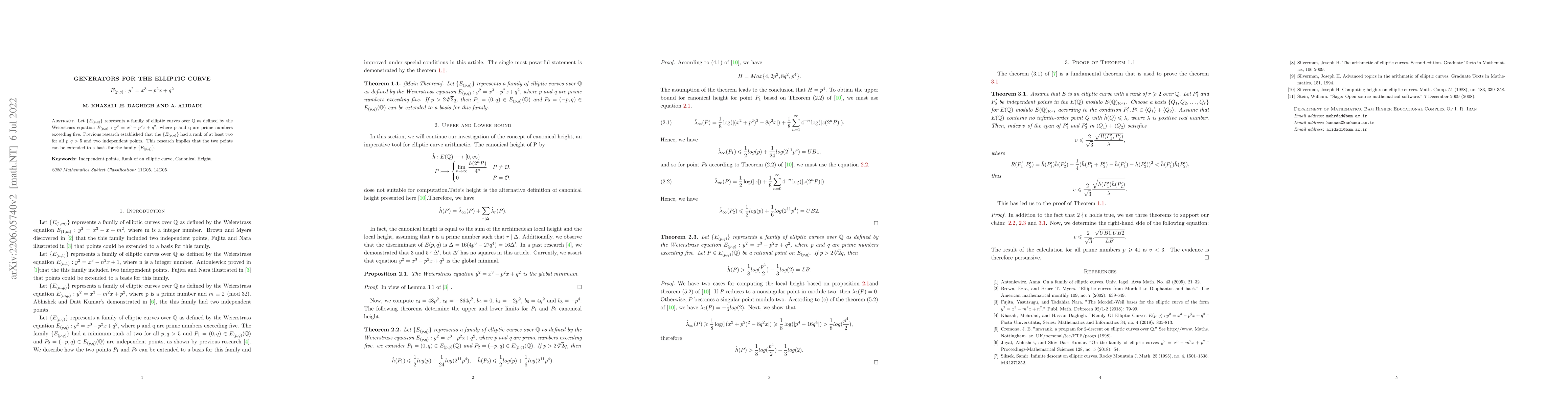Thumbnail for Generators for the elliptic curve $E_{(p,q)} : y^2 = x^3 - p^2x + q^2$