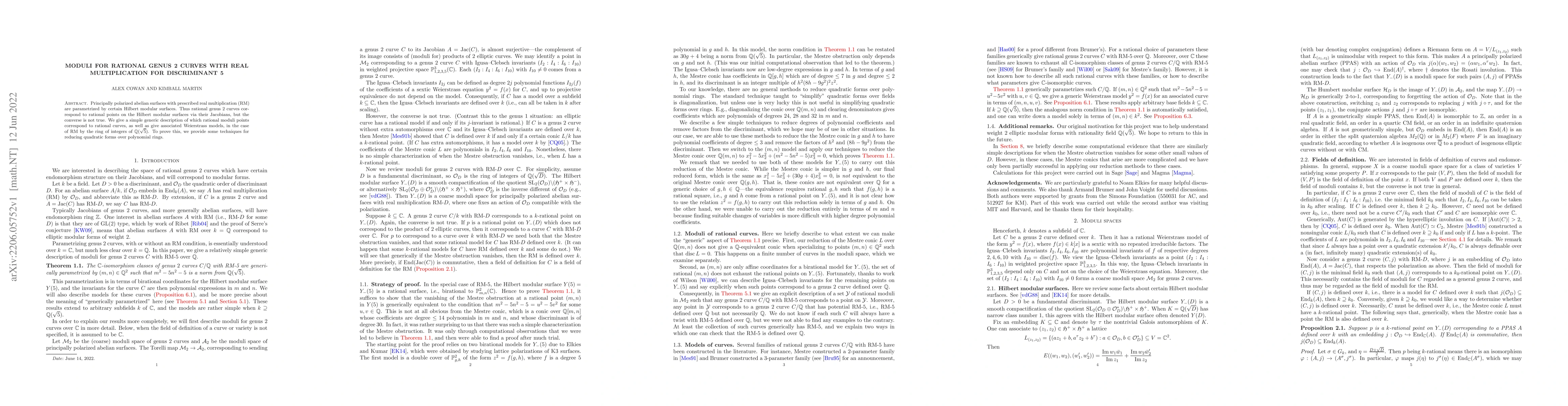 Thumbnail for Moduli for rational genus 2 curves with real multiplication for
  discriminant 5