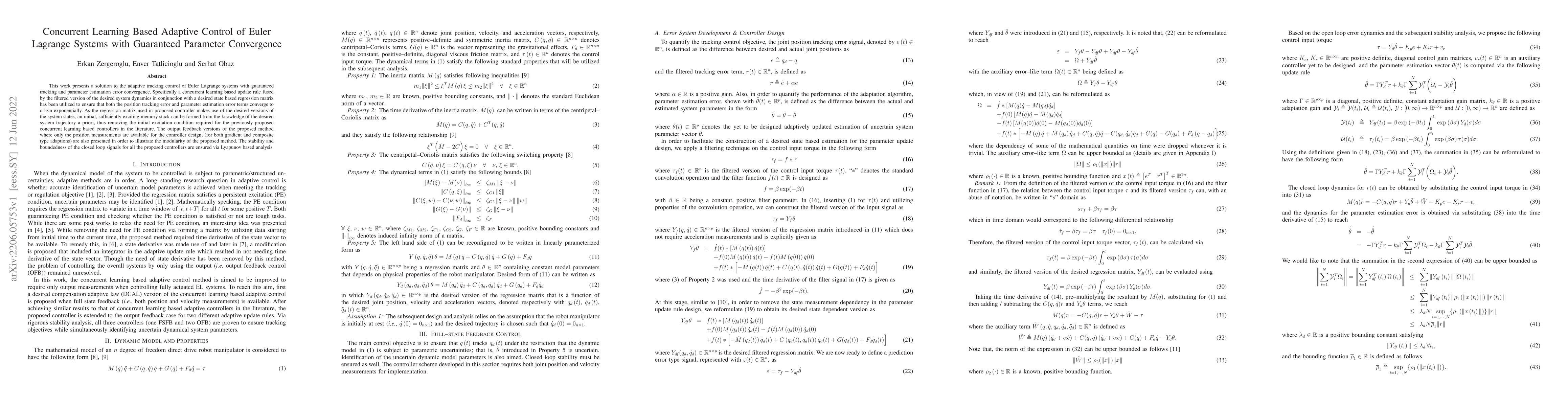 Thumbnail for Concurrent Learning Based Adaptive Control of Euler Lagrange Systems
  with Guaranteed Parameter Convergence