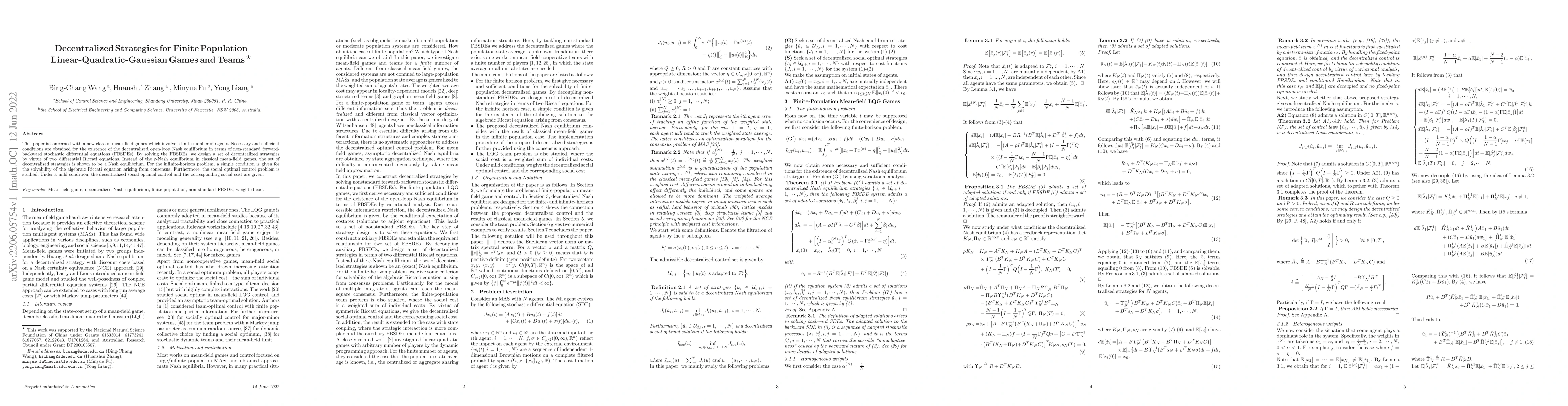 Thumbnail for Decentralized Strategies for Finite Population Linear-Quadratic-Gaussian
  Games and Teams
