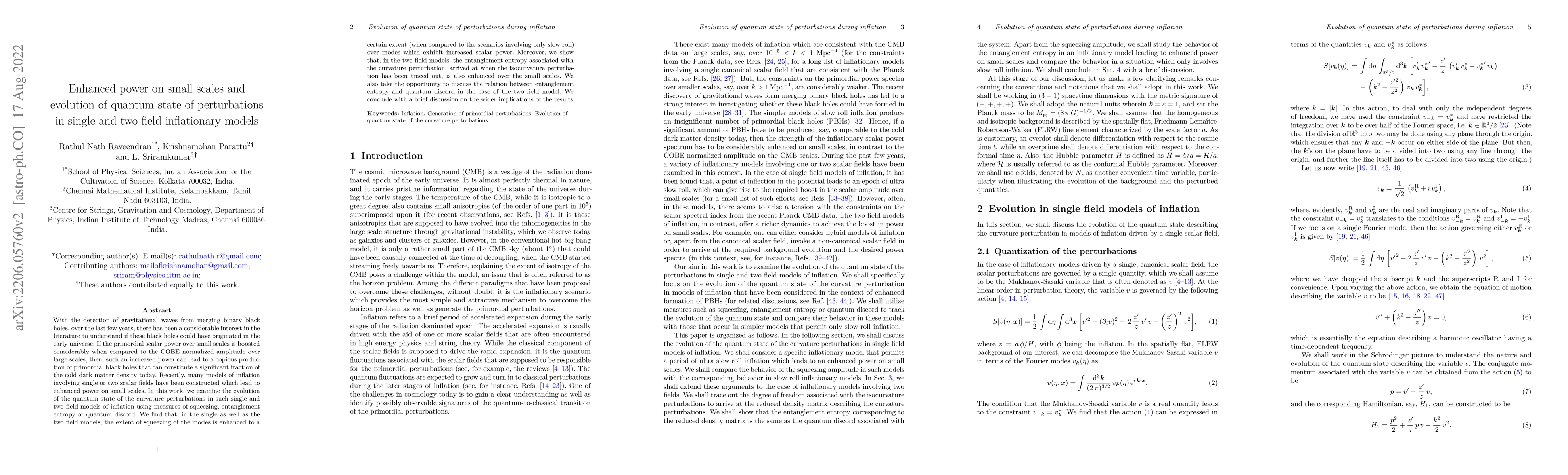 Thumbnail for Enhanced power on small scales and evolution of quantum state of
  perturbations in single and two field inflationary models