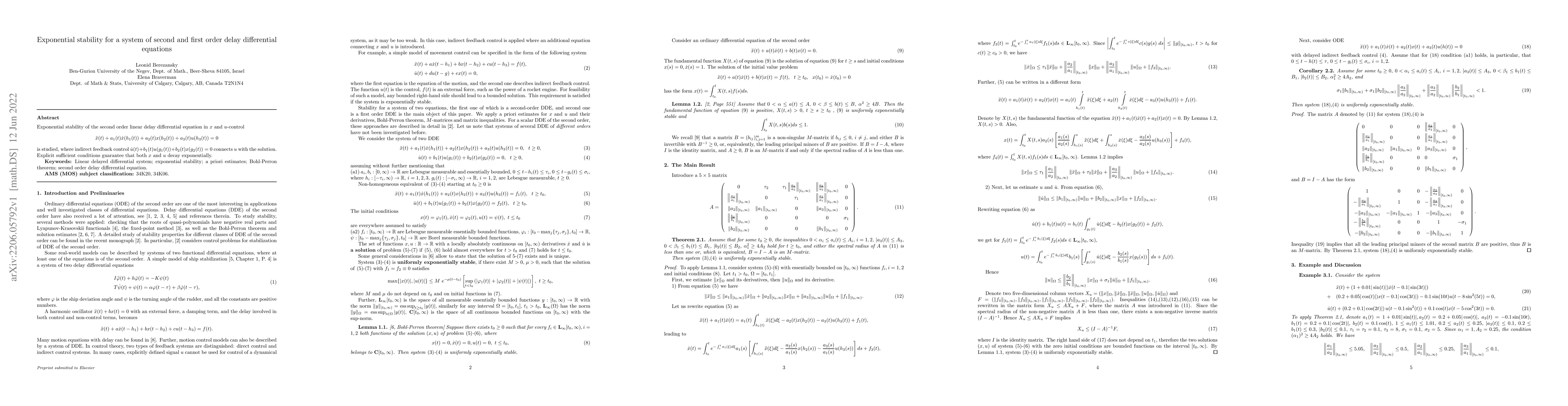 Thumbnail for Exponential stability for a system of second and first order delay
  differential equations