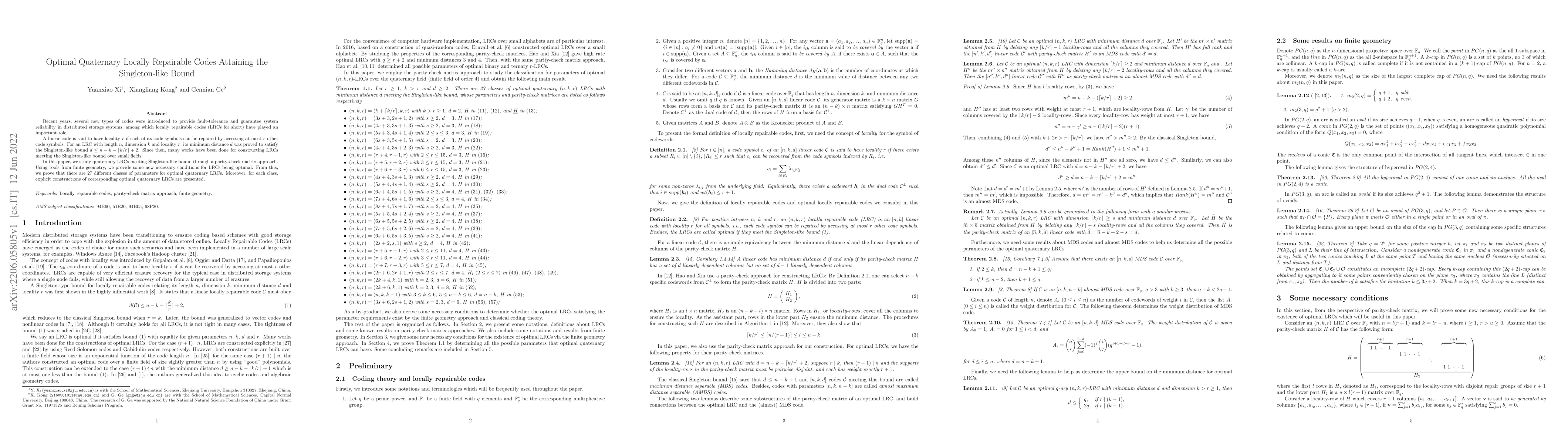 Thumbnail for Optimal Quaternary Locally Repairable Codes Attaining the Singleton-like
  Bound