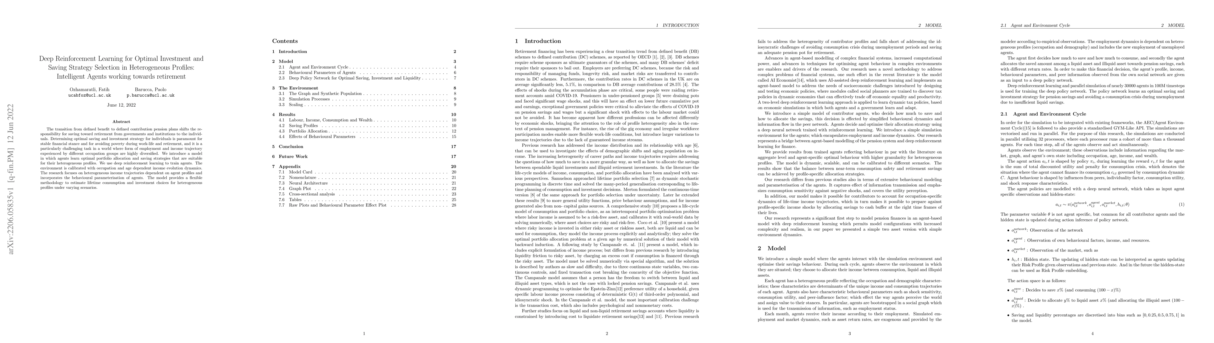 Thumbnail for Deep Reinforcement Learning for Optimal Investment and Saving Strategy
  Selection in Heterogeneous Profiles: Intelligent Agents working towards
  retirement