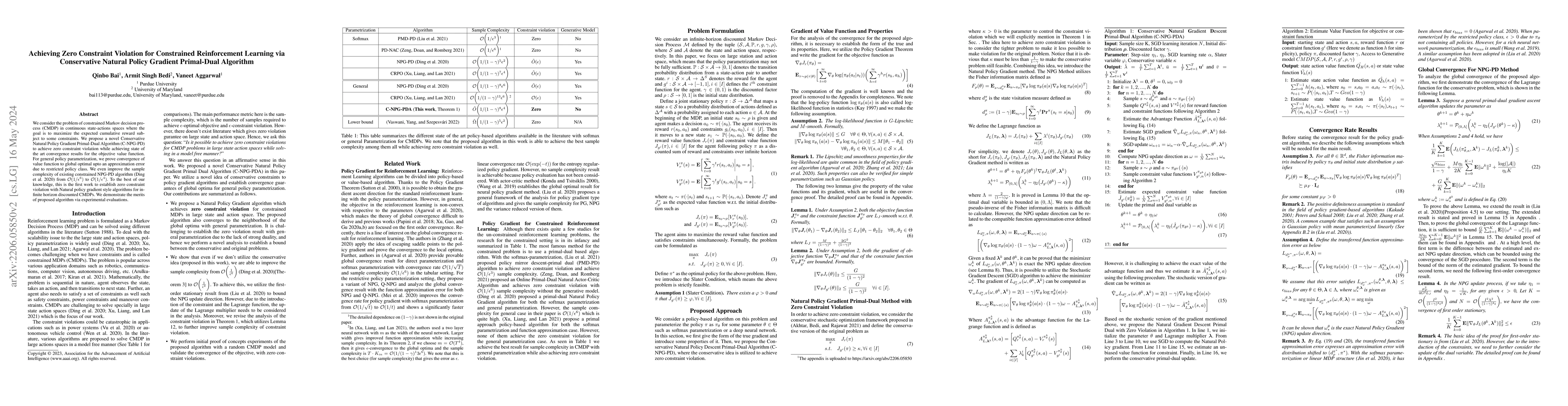 Thumbnail for Achieving Zero Constraint Violation for Constrained Reinforcement
  Learning via Conservative Natural Policy Gradient Primal-Dual Algorithm