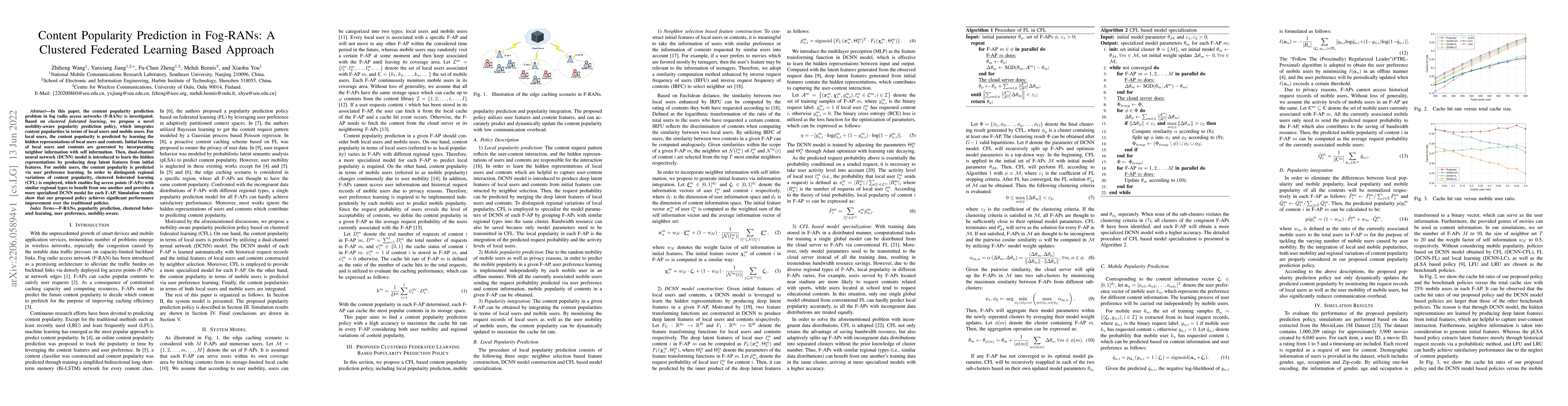Thumbnail for Content Popularity Prediction in Fog-RANs: A Clustered Federated
  Learning Based Approach