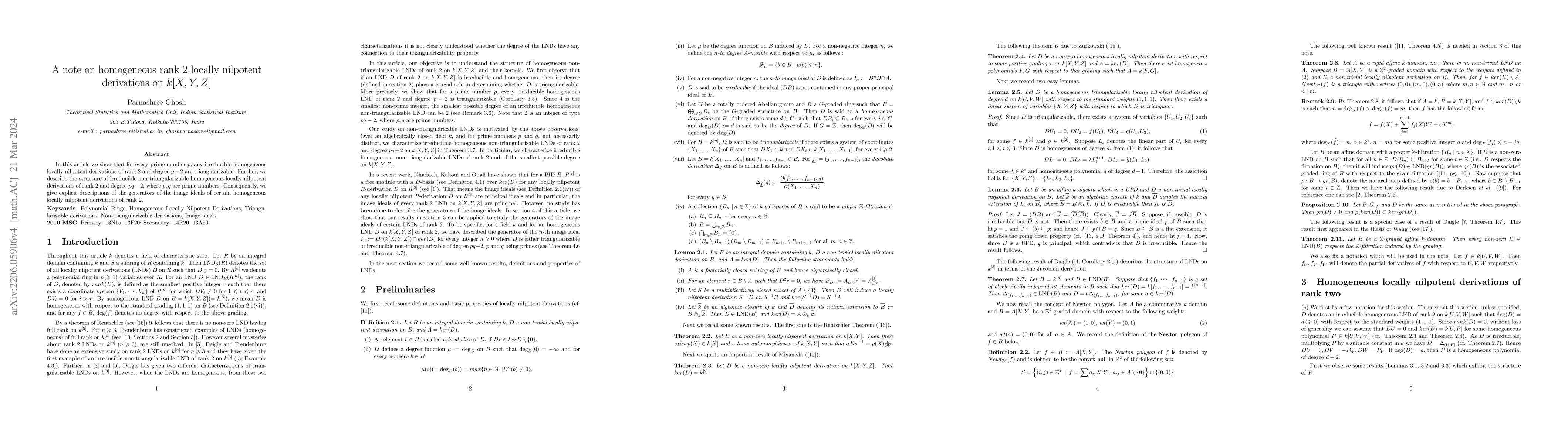 Thumbnail for A note on homogeneous rank $2$ locally nilpotent derivations on
  $k[X,Y,Z]$
