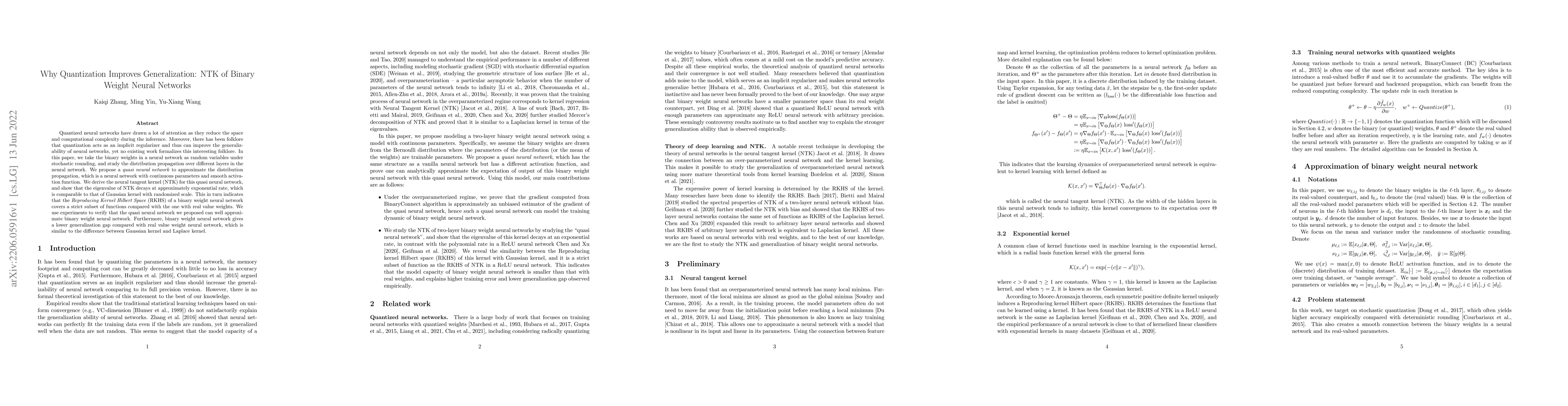 Thumbnail for Why Quantization Improves Generalization: NTK of Binary Weight Neural
  Networks