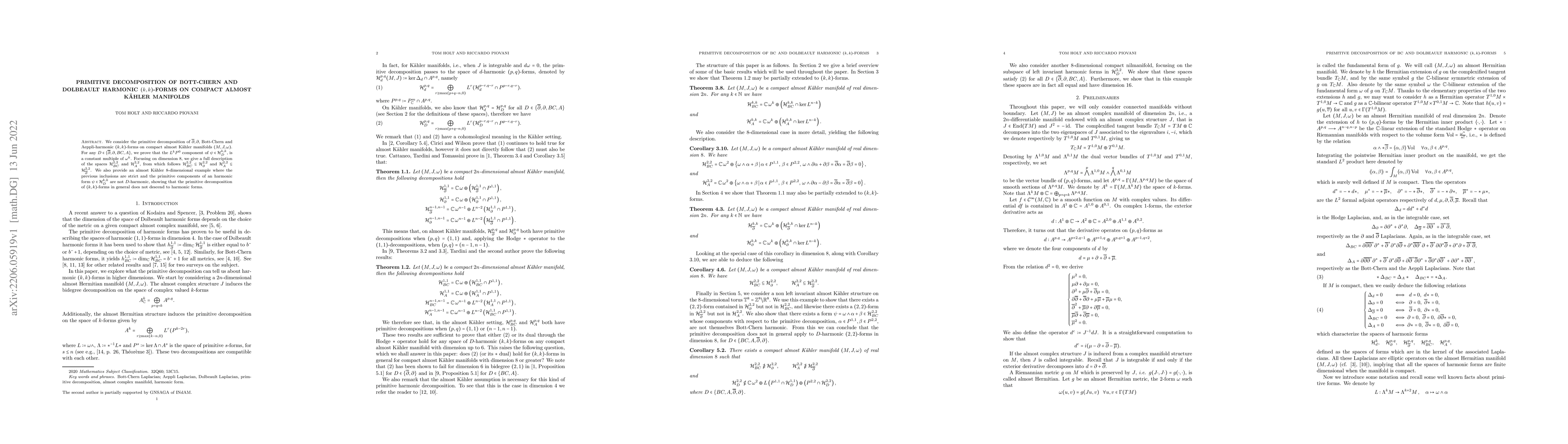 Thumbnail for Primitive decomposition of Bott-Chern and Dolbeault harmonic
  $(k,k)$-forms on compact almost K\"ahler manifolds