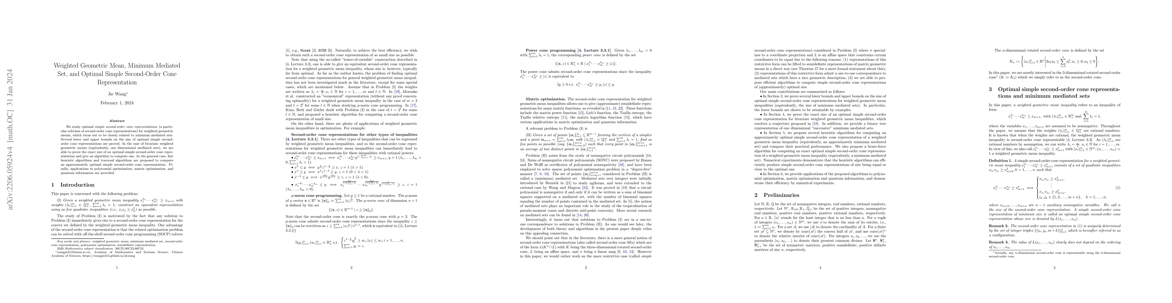 Thumbnail for Weighted Geometric Mean, Minimum Mediated Set, and Optimal Simple
  Second-Order Cone Representation