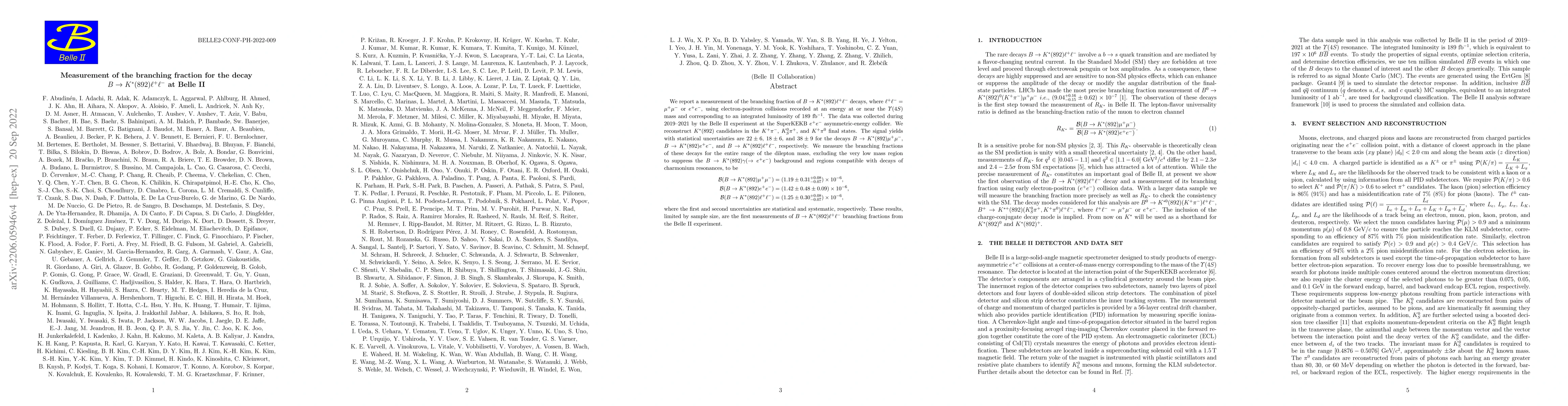 Thumbnail for Measurement of the branching fraction for the decay $B \to
  K^{\ast}(892)\ell^+\ell^-$ at Belle II