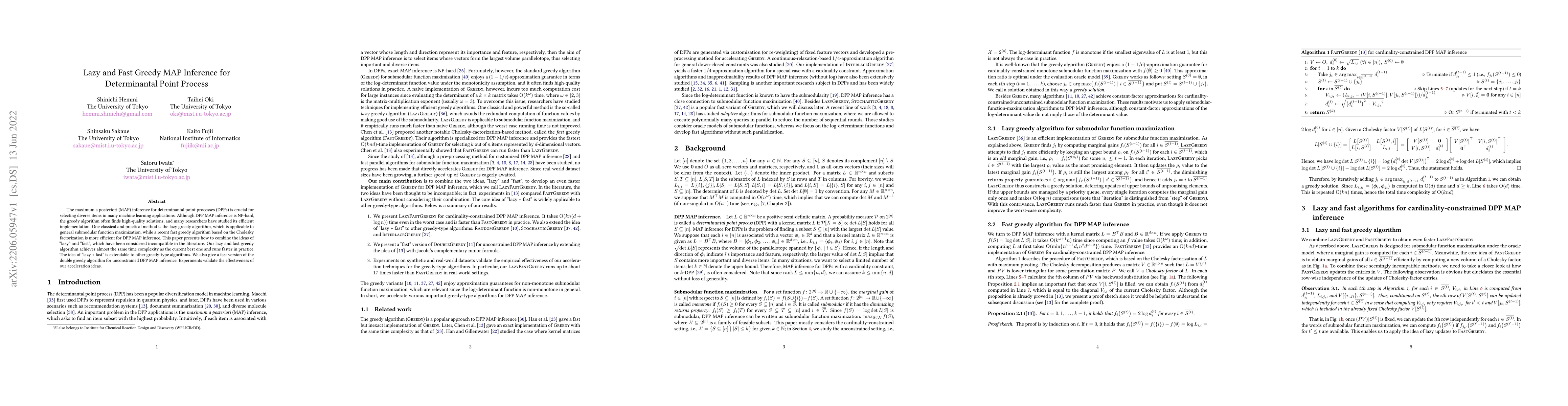 Thumbnail for Lazy and Fast Greedy MAP Inference for Determinantal Point Process