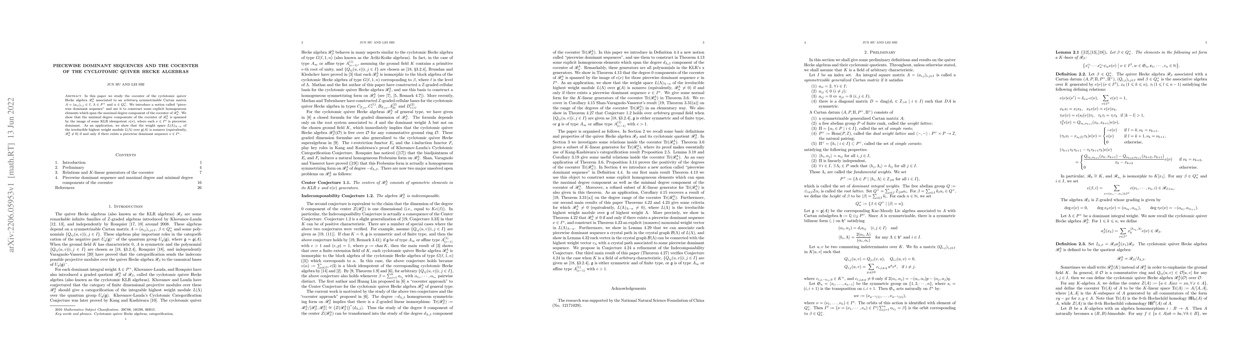 Thumbnail for Piecewise dominant sequences and the cocenter of the cyclotomic quiver
  Hecke algebras