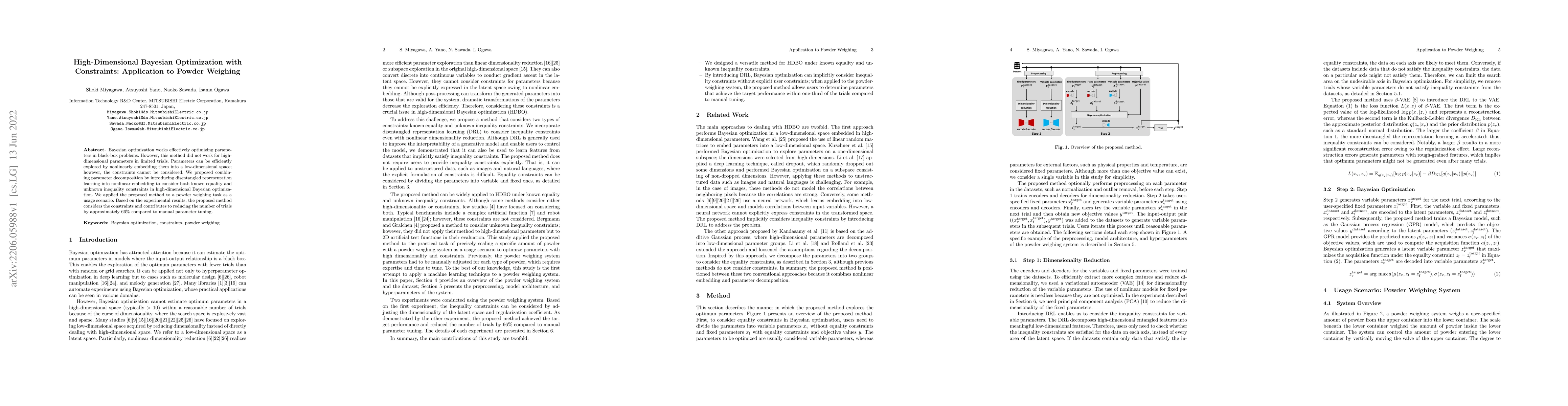 Thumbnail for High-Dimensional Bayesian Optimization with Constraints: Application to
  Powder Weighing