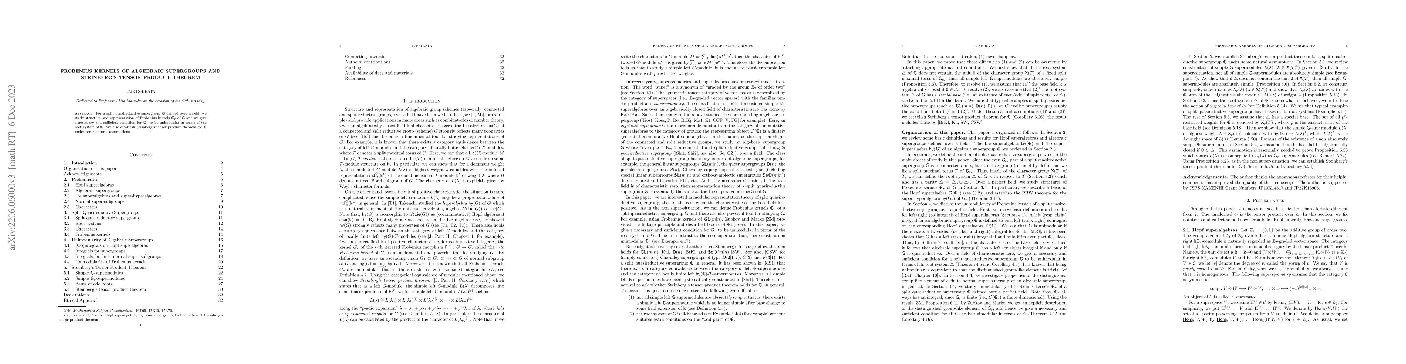 Thumbnail for Frobenius kernels of algebraic supergroups and Steinberg's tensor
  product theorem
