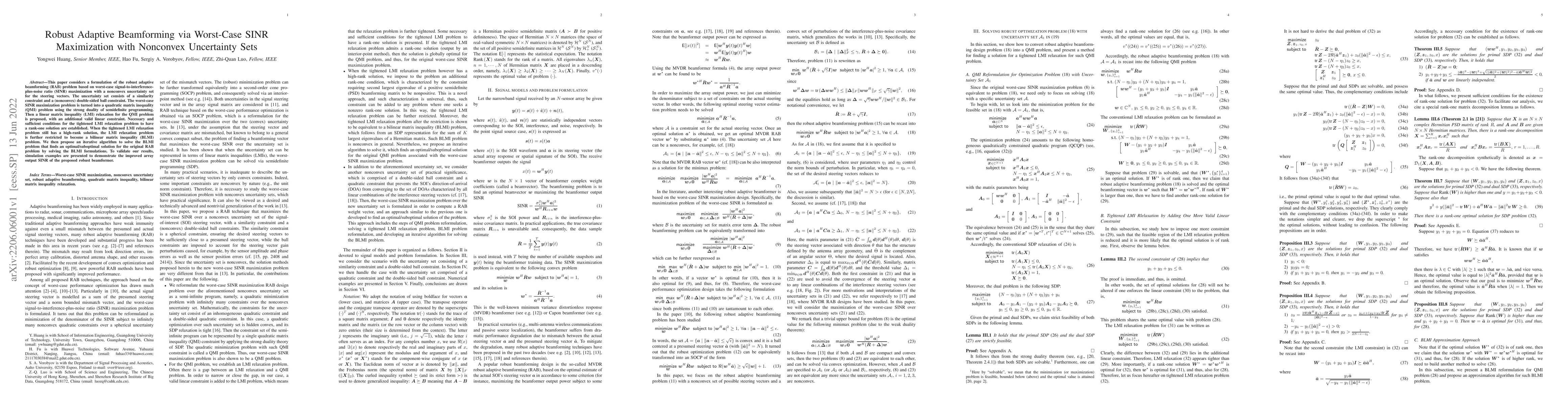 Thumbnail for Robust Adaptive Beamforming via Worst-Case SINR Maximization with
  Nonconvex Uncertainty Sets