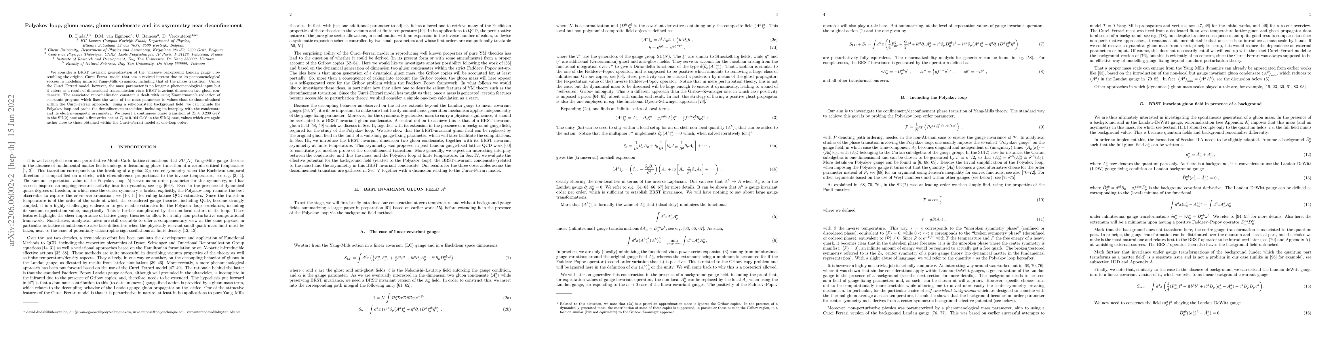 Thumbnail for Polyakov loop, gluon mass, gluon condensate and its asymmetry near
  deconfinement