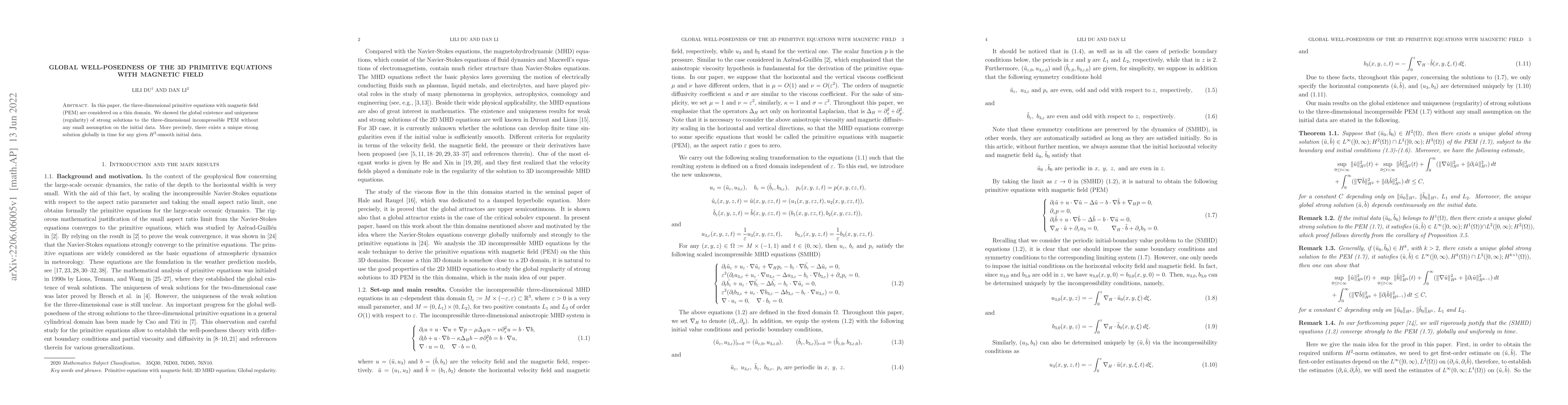 Thumbnail for Global well-posedness of the 3D Primitive Equations with magnetic field