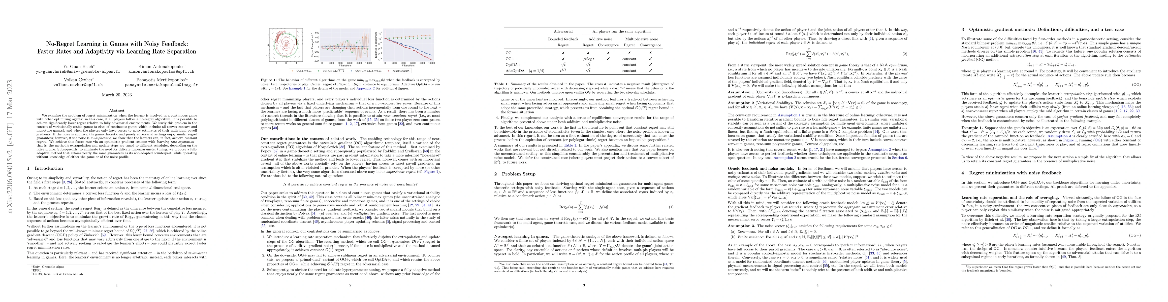 Thumbnail for No-Regret Learning in Games with Noisy Feedback: Faster Rates and
  Adaptivity via Learning Rate Separation