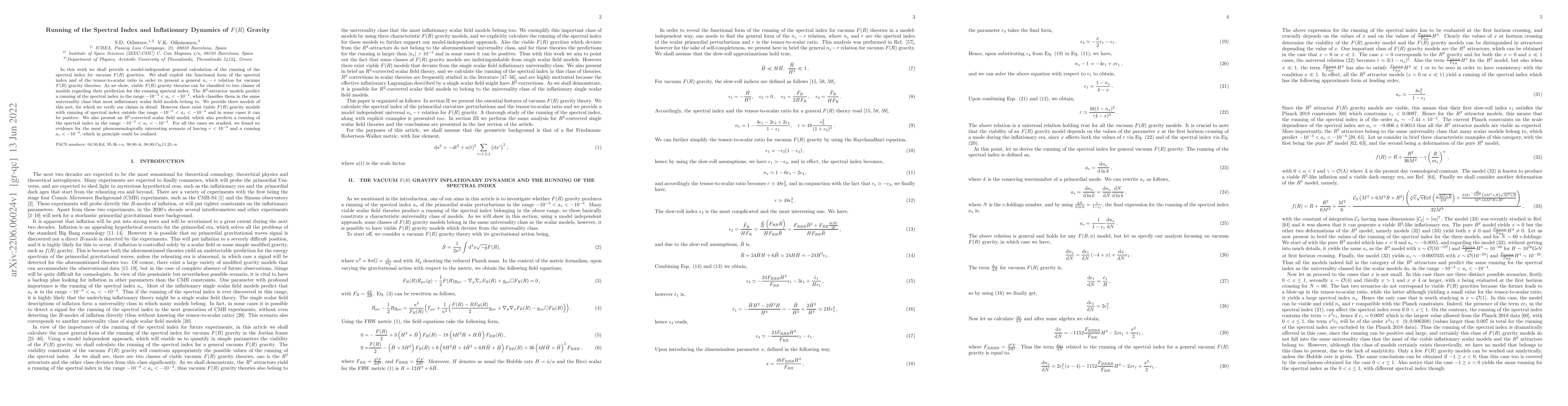 Thumbnail for Running of the Spectral Index and Inflationary Dynamics of $F(R)$
  Gravity