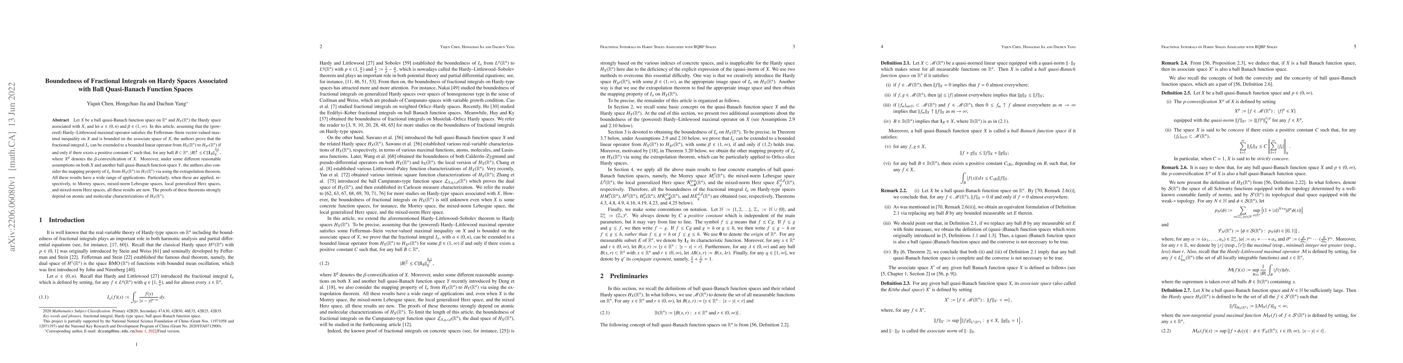 Thumbnail for Boundedness of Fractional Integrals on Hardy Spaces Associated with Ball
  Quasi-Banach Function Spaces