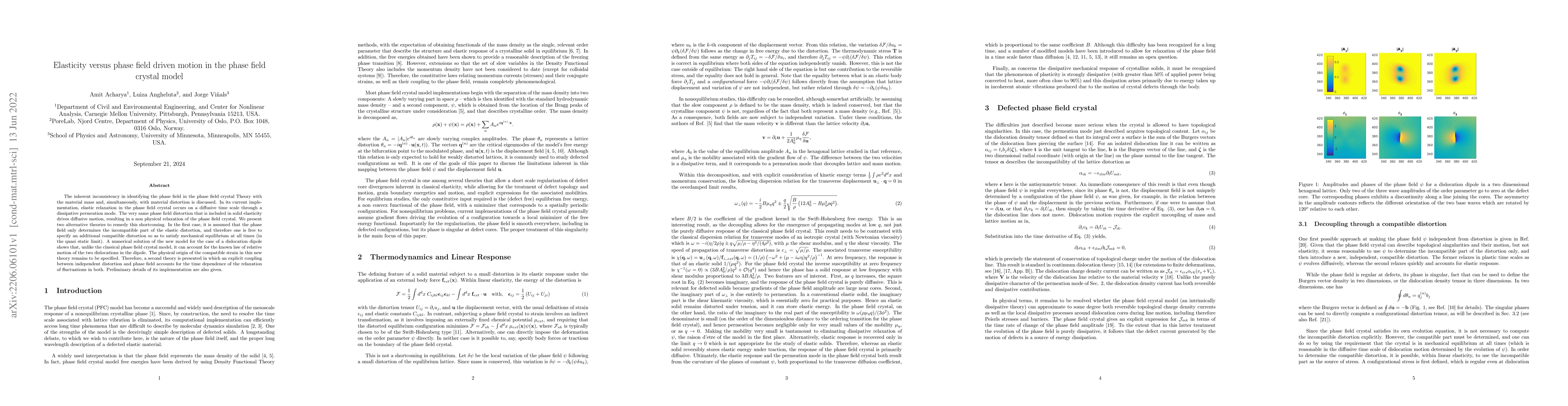 Thumbnail for Elasticity versus phase field driven motion in the phase field crystal
  model