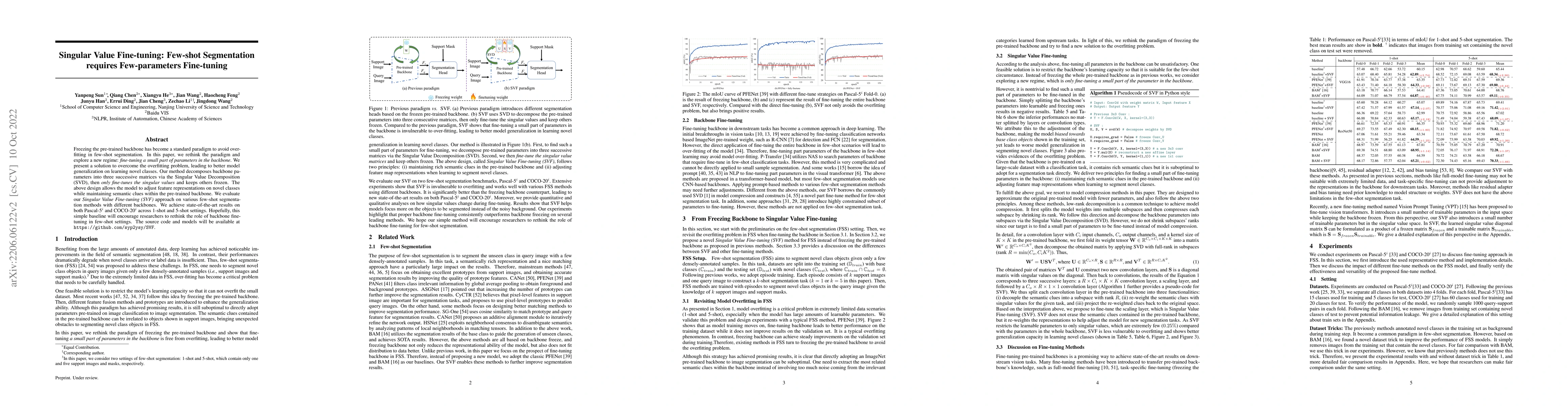 Thumbnail for Singular Value Fine-tuning: Few-shot Segmentation requires
  Few-parameters Fine-tuning