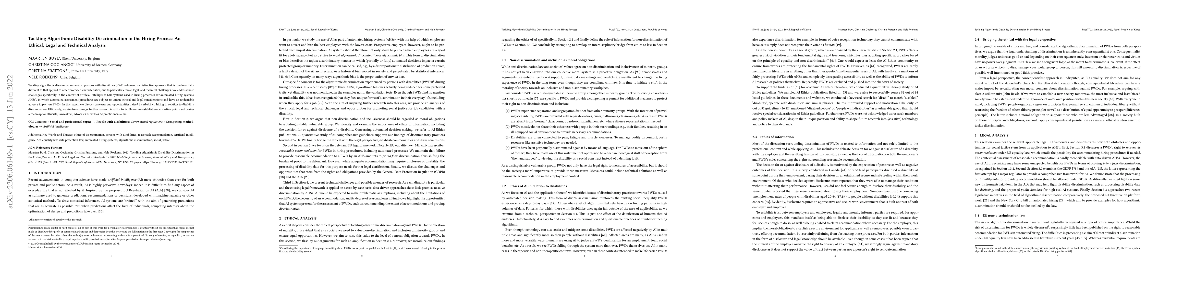 Thumbnail for Tackling Algorithmic Disability Discrimination in the Hiring Process: An
  Ethical, Legal and Technical Analysis