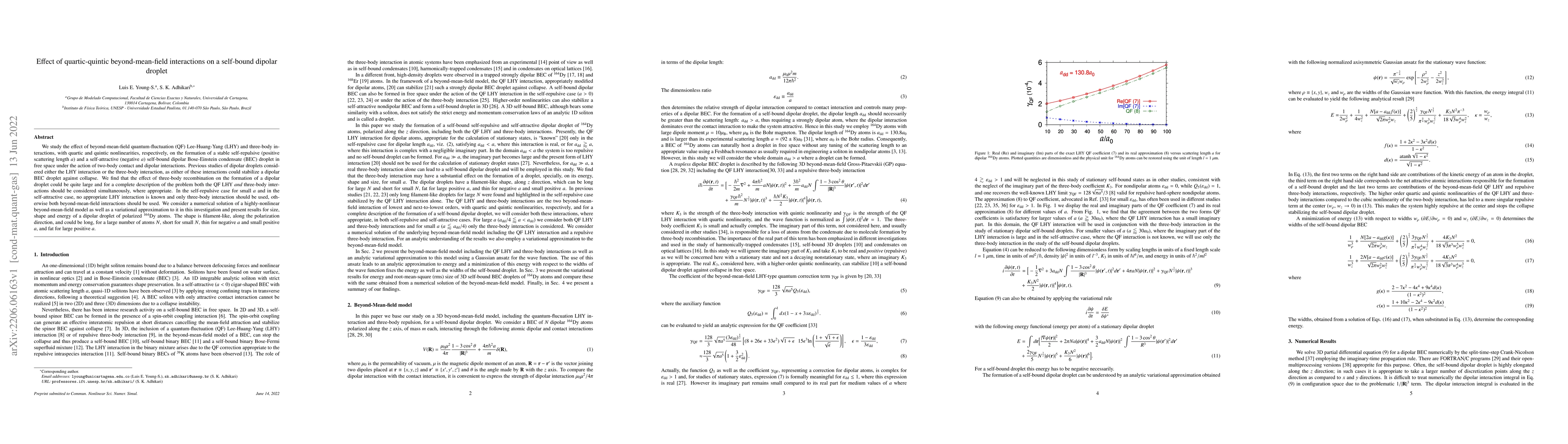 Thumbnail for Effect of quartic-quintic beyond-mean-field interactions on a self-bound
  dipolar droplet
