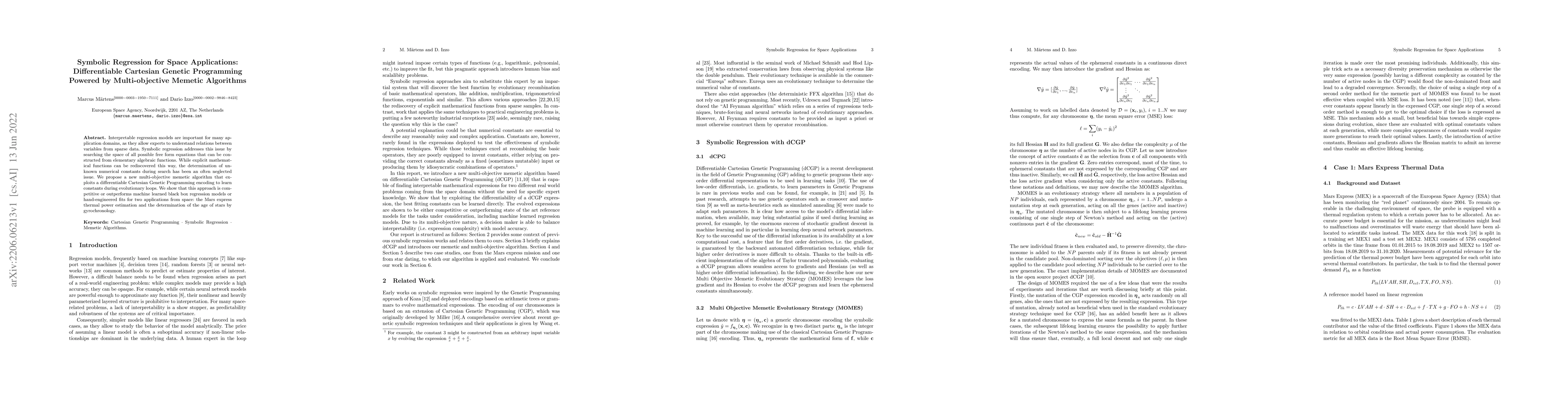 Thumbnail for Symbolic Regression for Space Applications: Differentiable Cartesian
  Genetic Programming Powered by Multi-objective Memetic Algorithms