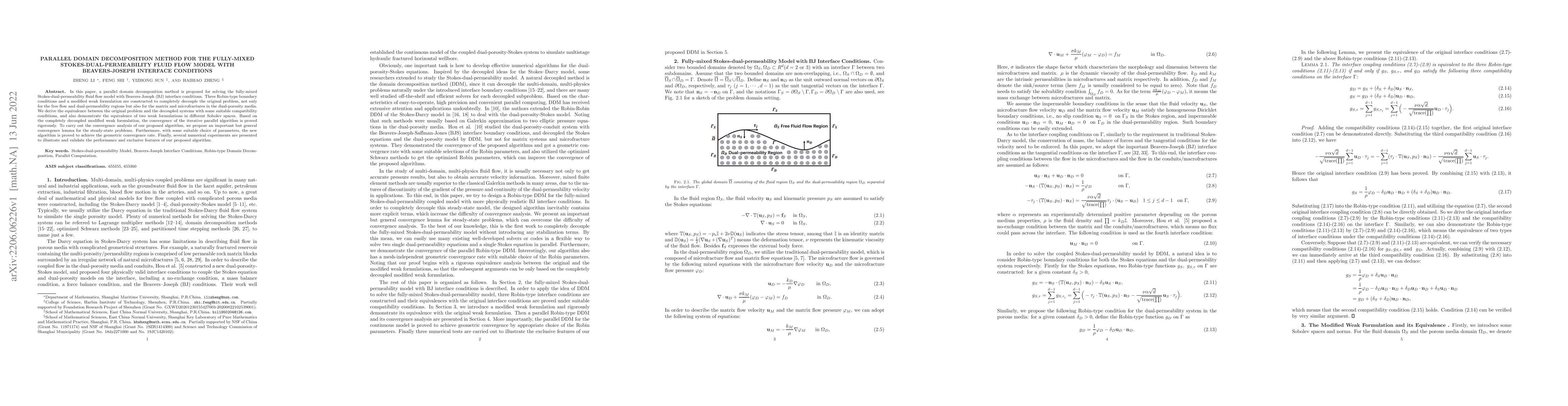 Thumbnail for Parallel Domain Decomposition method for the fully-mixed
  Stokes-dual-permeability fluid flow model with Beavers-Joseph interface
  conditions