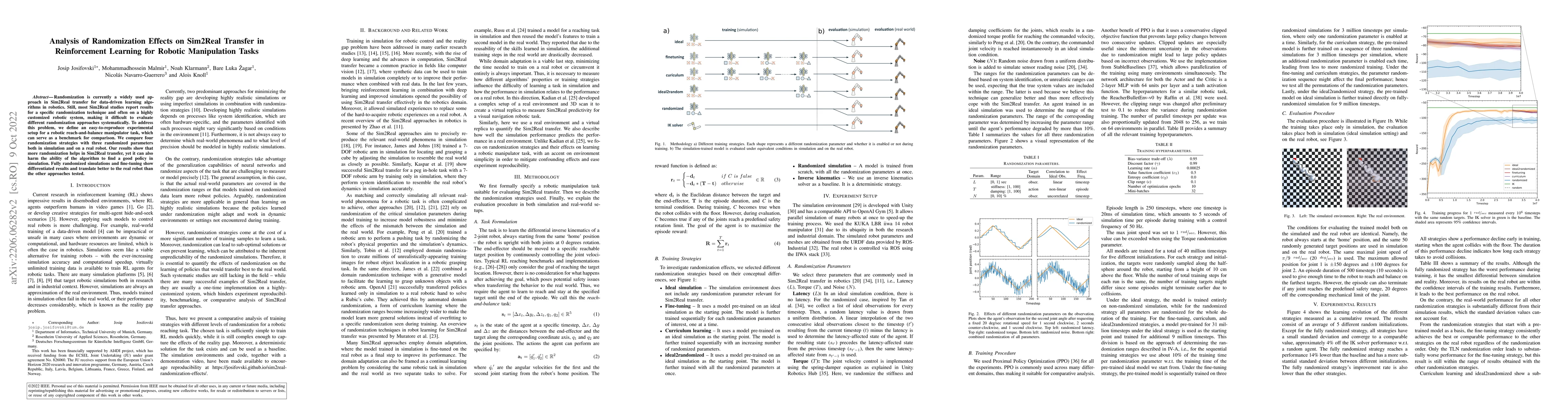 Thumbnail for Analysis of Randomization Effects on Sim2Real Transfer in Reinforcement
  Learning for Robotic Manipulation Tasks