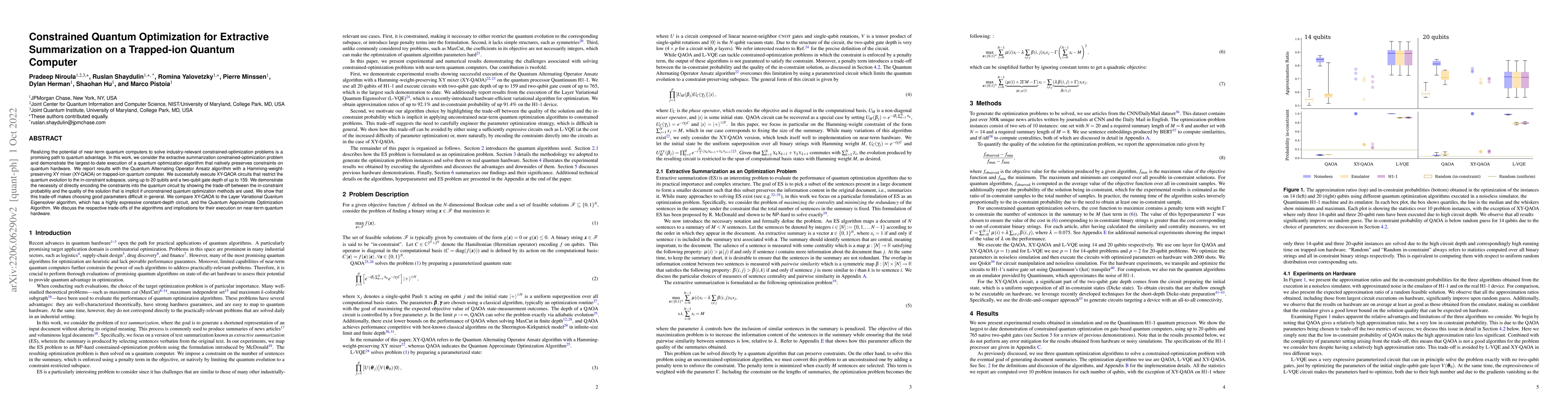 Thumbnail for Constrained Quantum Optimization for Extractive Summarization on a
  Trapped-ion Quantum Computer