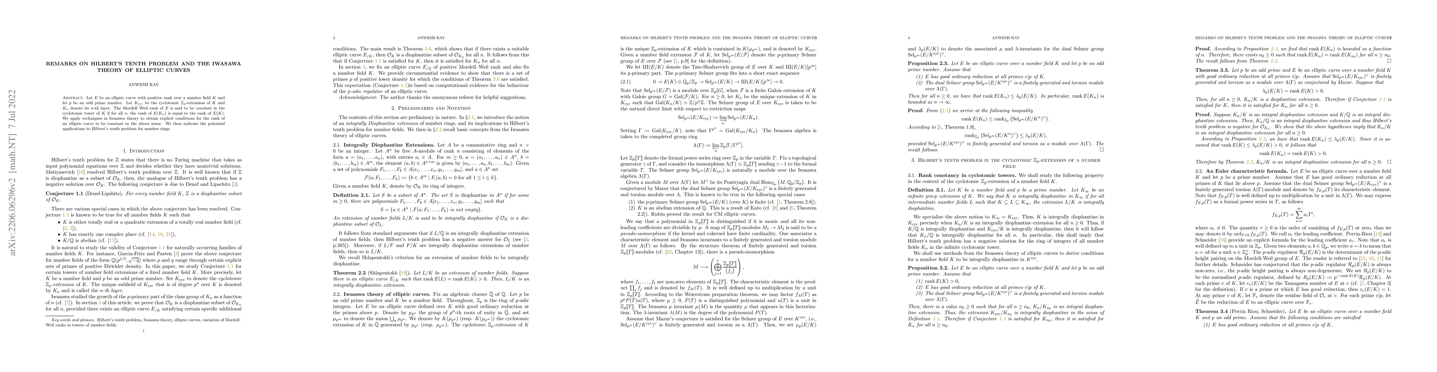 Thumbnail for Remarks on Hilbert's tenth problem and the Iwasawa theory of elliptic
  curves