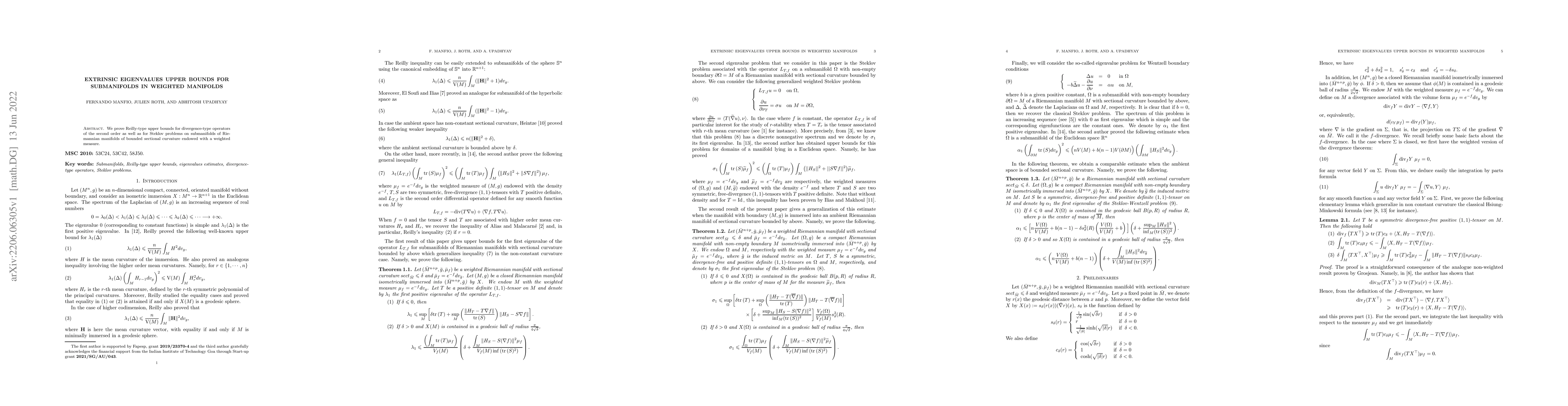 Thumbnail for Extrinsic eigenvalues upper bounds for submanifolds in weighted
  manifolds