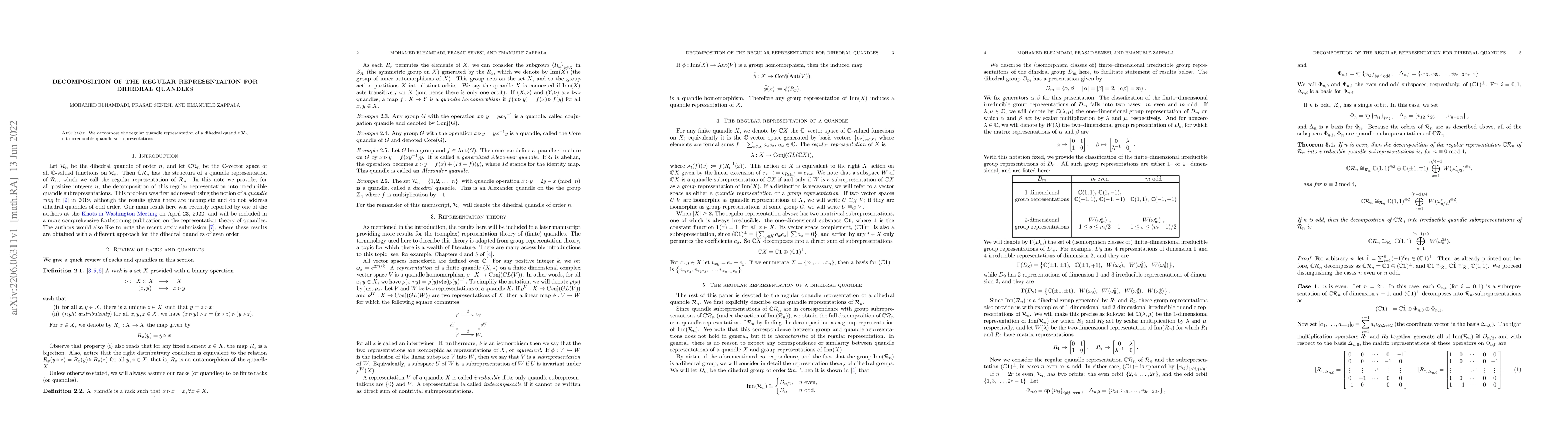 Thumbnail for Decomposition of the regular representation for dihedral quandles