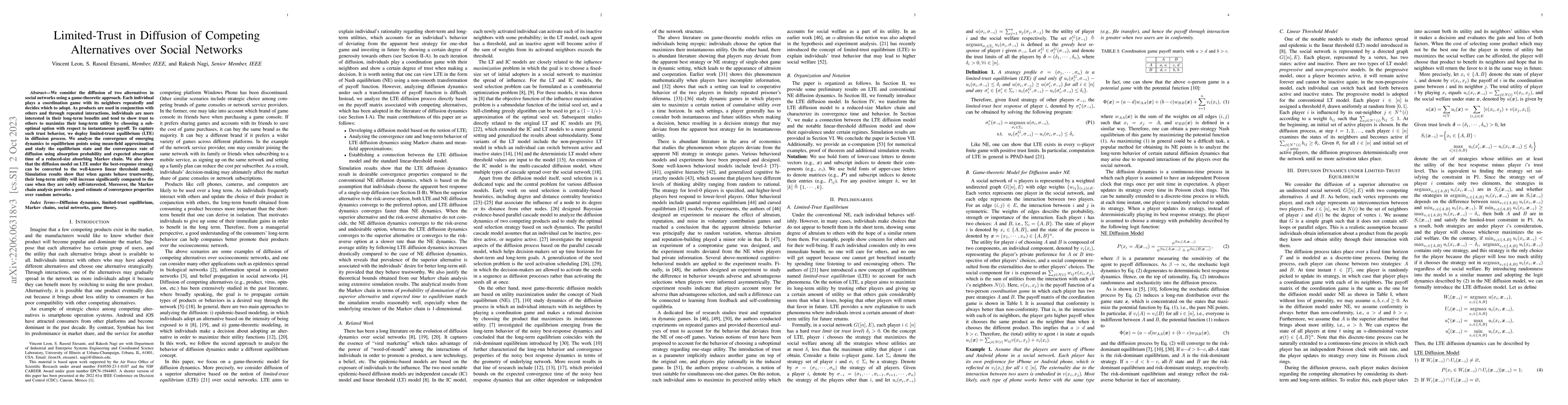 Thumbnail for Limited-Trust in Diffusion of Competing Alternatives over Social
  Networks