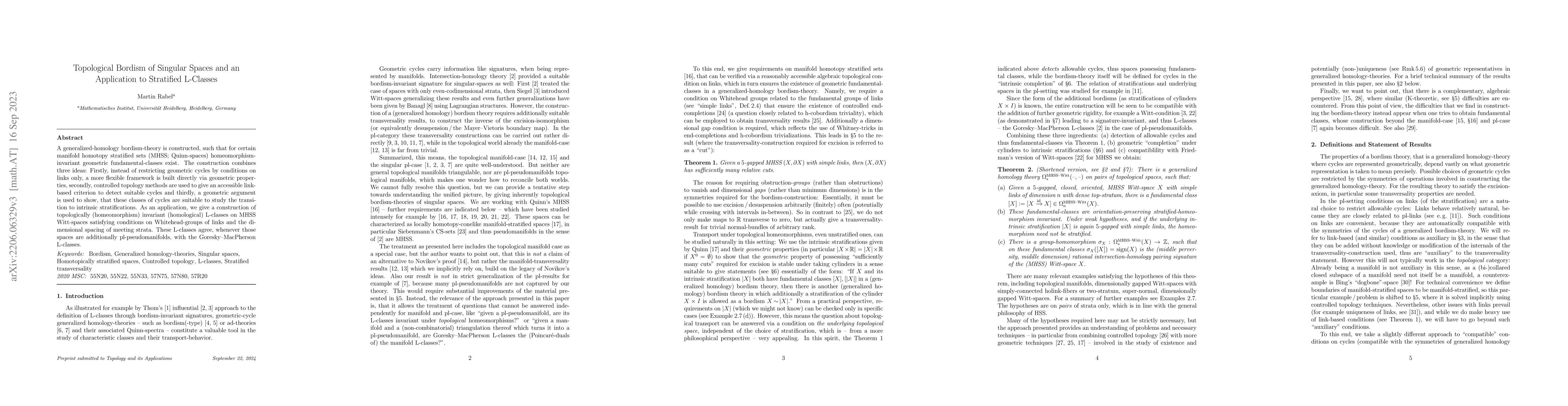 Thumbnail for Topological Bordism of Singular Spaces and an Application to Stratified
  L-Classes