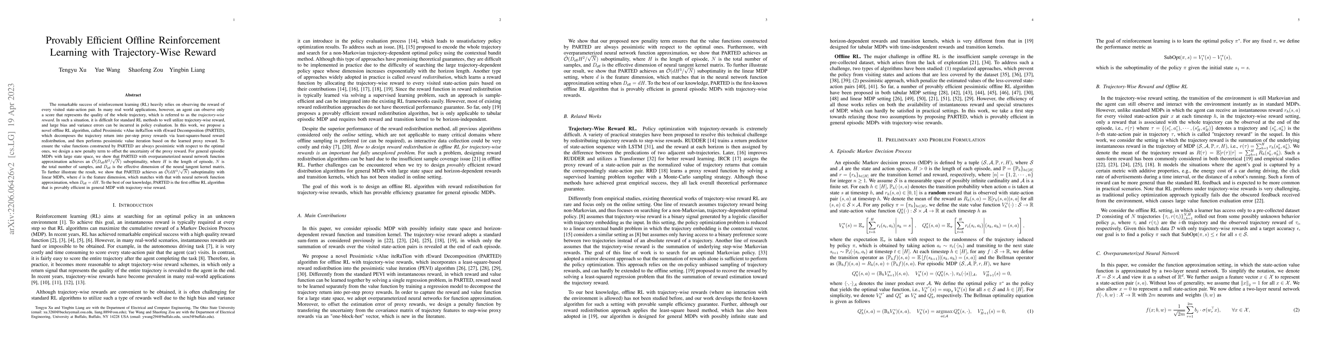 Thumbnail for Provably Efficient Offline Reinforcement Learning with Trajectory-Wise
  Reward